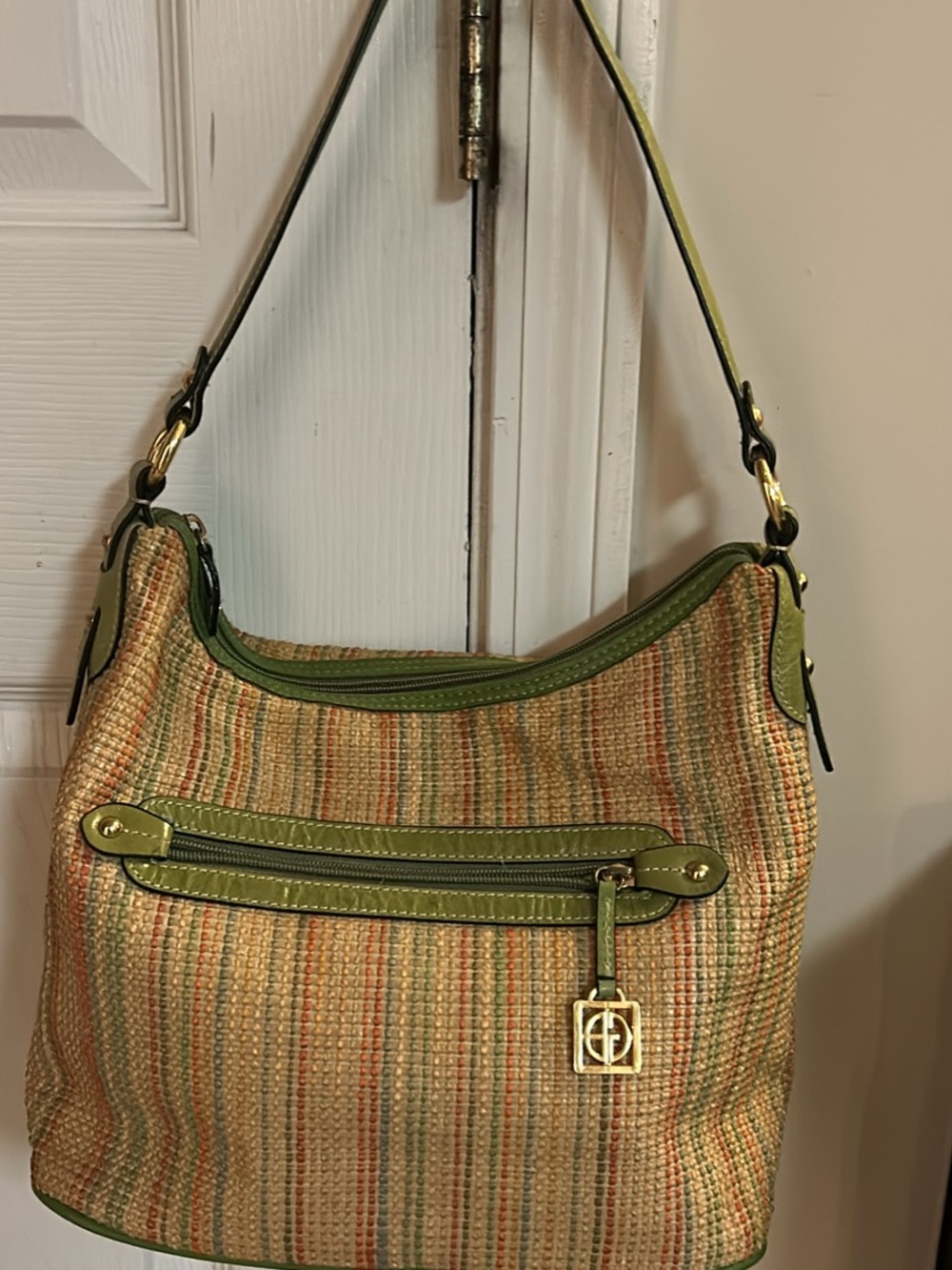 Woven Multicolor Hobo Shoulder Bag - Green Trim